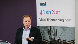 Althelia Ecosphere's Simon Dent speaking at Fish Night 2 (Photo: Inta Photography)