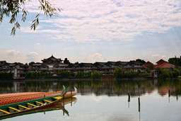 View of Kunming, China, of a lake and houses in the background