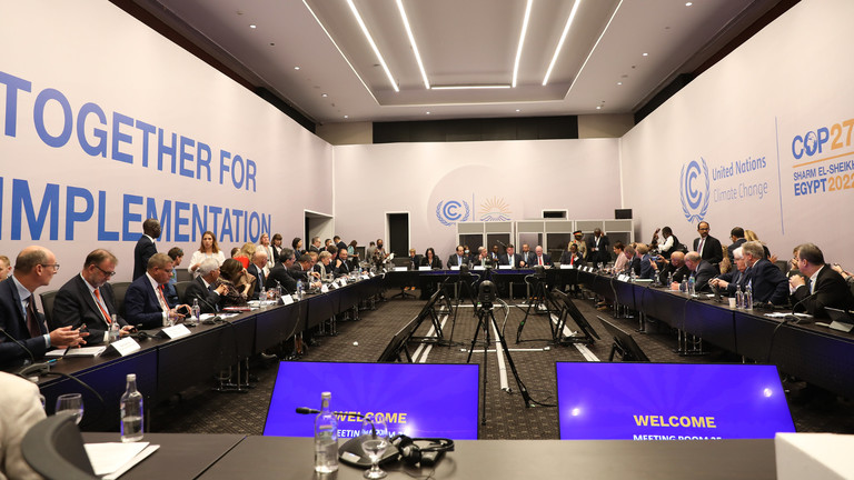 A room full of men sitting around tables, with a COP27 sign on the wall.