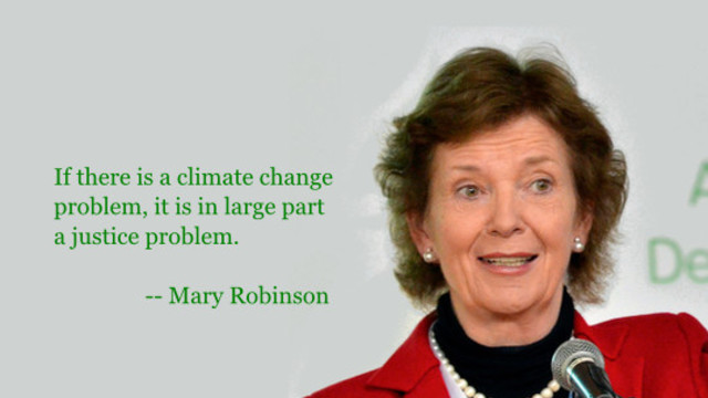 Mary Robinson called on the international community to focus on the human rights aspect of climate change when she gave the inaugural Barbara Ward lecture in London