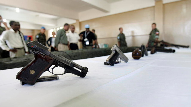Guns handed in at the start of a disarmament, demobilisation and reintegration programme run by the United Nations Stabilisation Mission in Haiti (Photo: Sophia Paris/UN Photo, Creative Commons via Flickr)