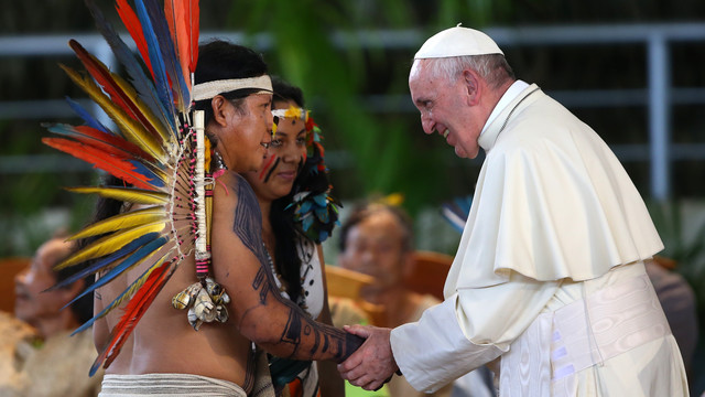 Pope Francis met with indigenous leaders, including Yesica Patiachi who is from the Harakbut people, one of the three main ethnic groups in the Madre de Dios region